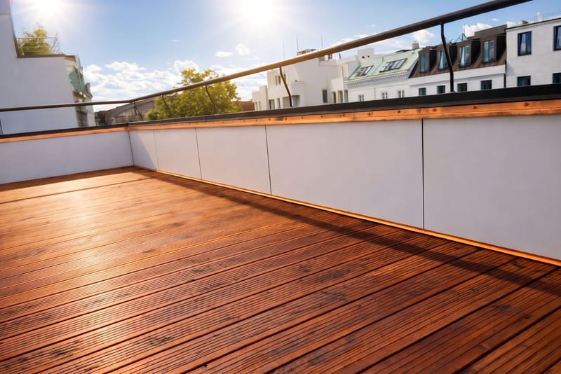 Fertige Dachterrasse mit Holzdielenbelag und umlaufendem Geländer