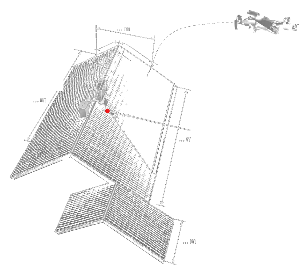 Anonymisierte digitale Erfassung einer Dachfläche: Drohne über dem Dach, schematische Bemaßung und Messpunkt.